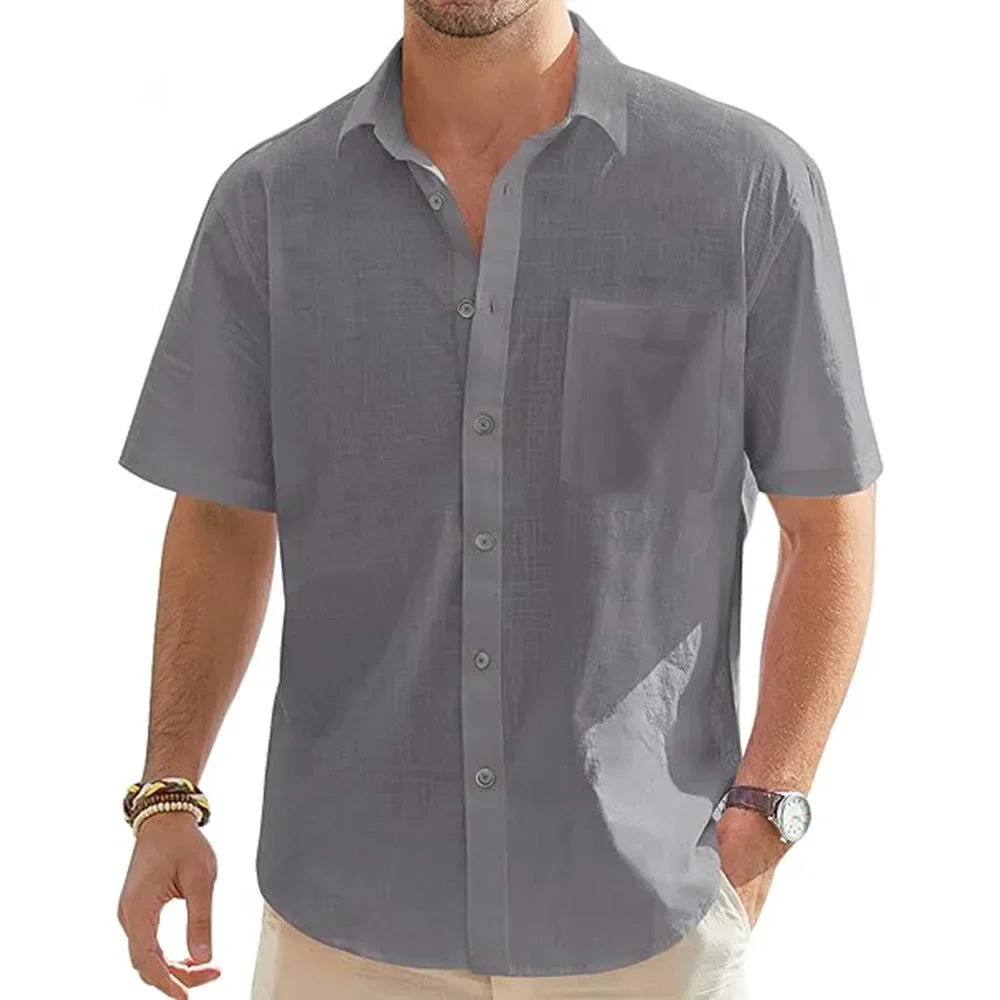 Men's Solid Color Cotton Linen Short Sleeve Shirts Vacation Beach Summer Tops with Pocket Casual Lightweight Button Shirts  MBQ Store