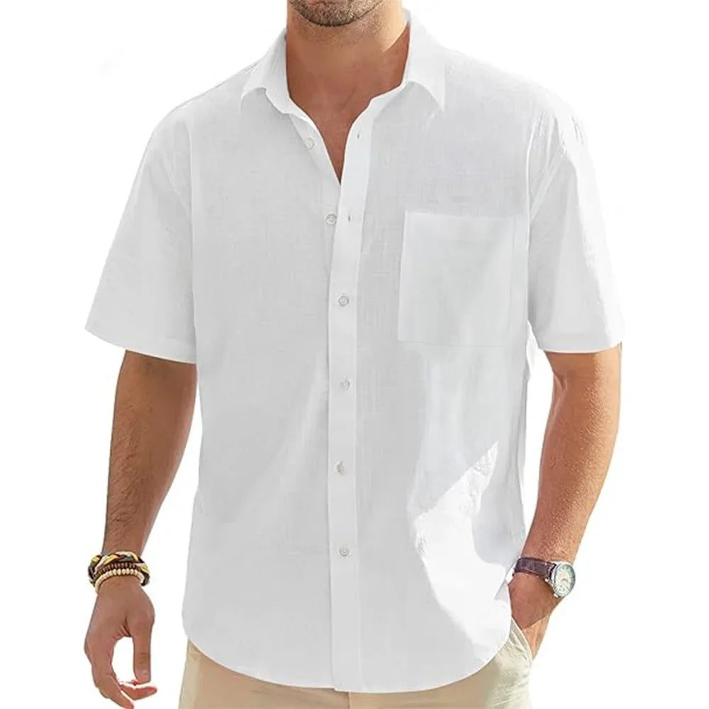 Men's Solid Color Cotton Linen Short Sleeve Shirts Vacation Beach Summer Tops with Pocket Casual Lightweight Button Shirts  MBQ Store