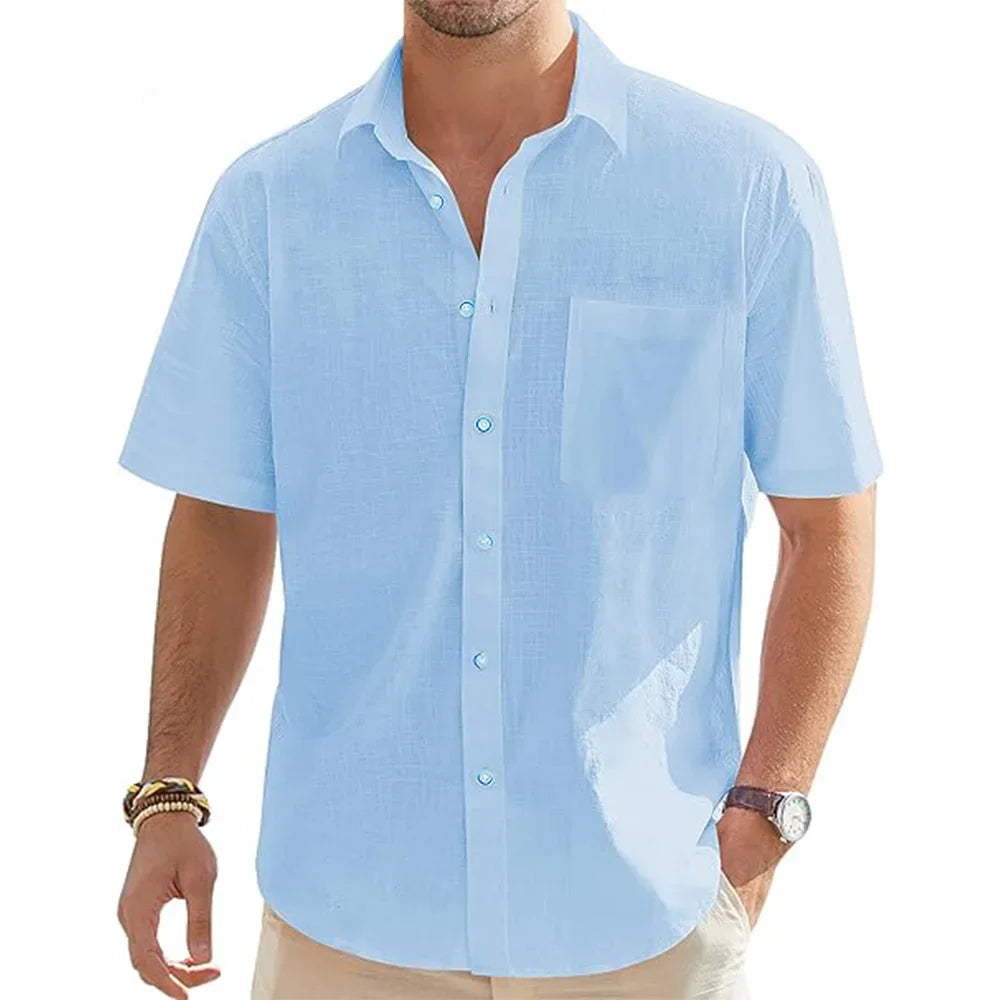 Men's Solid Color Cotton Linen Short Sleeve Shirts Vacation Beach Summer Tops with Pocket Casual Lightweight Button Shirts  MBQ Store