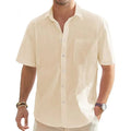 Men's Solid Color Cotton Linen Short Sleeve Shirts Vacation Beach Summer Tops with Pocket Casual Lightweight Button Shirts  MBQ Store