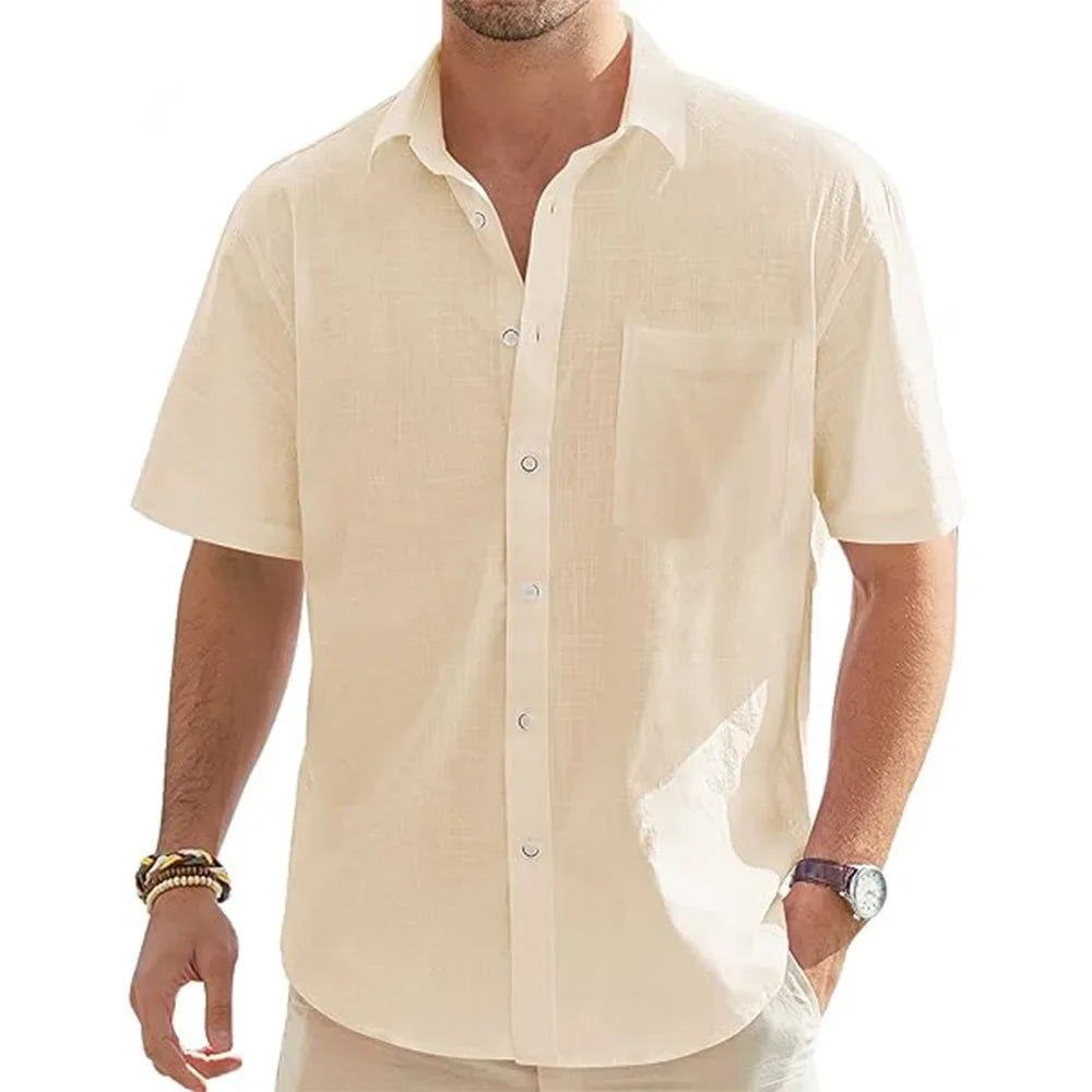 Men's Solid Color Cotton Linen Short Sleeve Shirts Vacation Beach Summer Tops with Pocket Casual Lightweight Button Shirts  MBQ Store