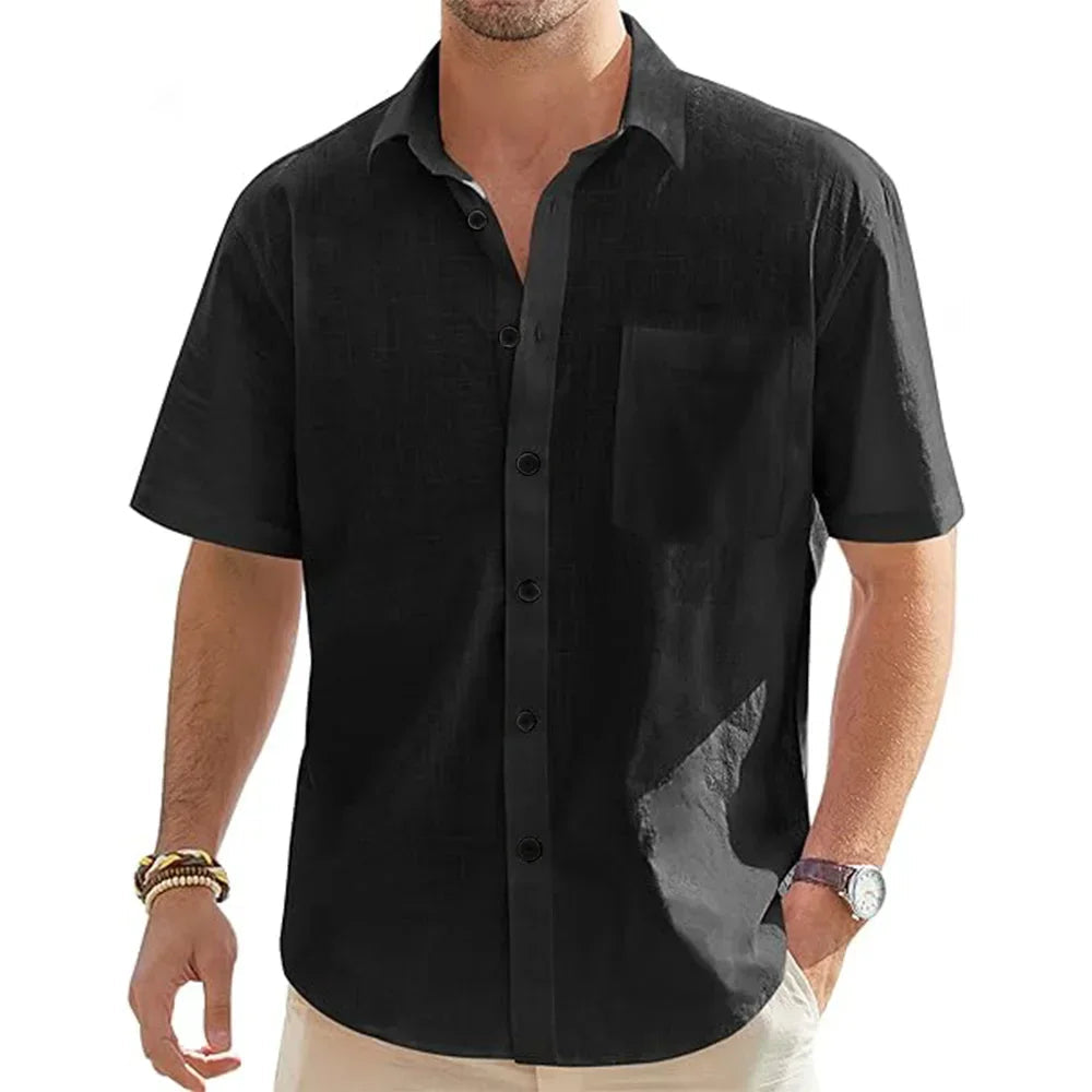 Men's Solid Color Cotton Linen Short Sleeve Shirts Vacation Beach Summer Tops with Pocket Casual Lightweight Button Shirts  MBQ Store